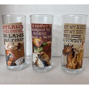 Set Of 3 Tall Funny Cowgirl Glasses  6 Inches Tall Each Glass Highball